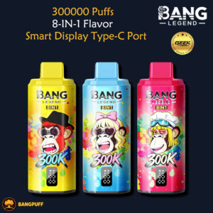 Promotional graphic for Bang Legend vapes showing three colorful 300K 8-in-1 devices with smart display and Type-C port text