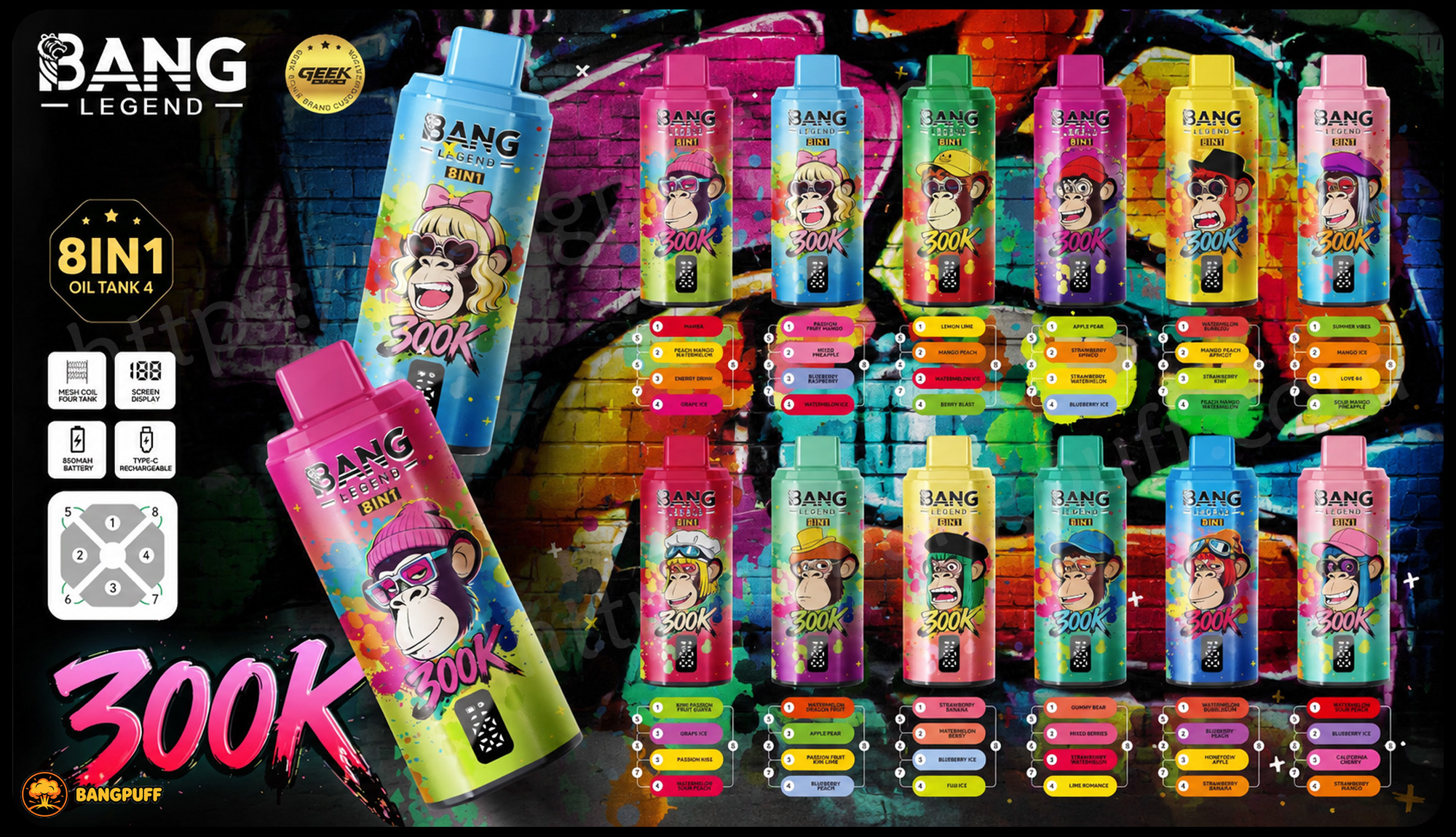 Colorful BANG Legend 8-in-1 vape ad with monkey characters, flavor lineup, and neon graffiti background