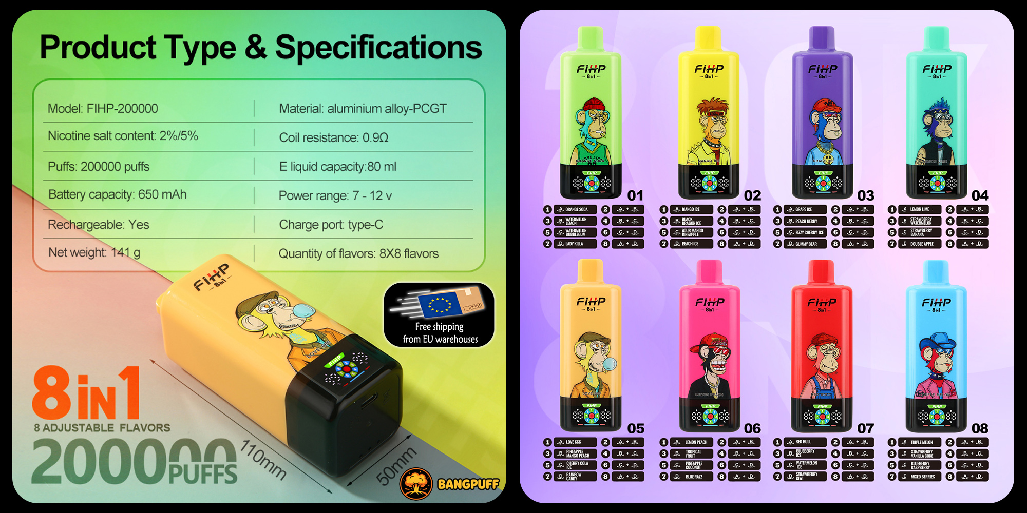 Promotional chart for FIHP 8-in-1 vape with specs and eight colorful flavor variants displayed side by side