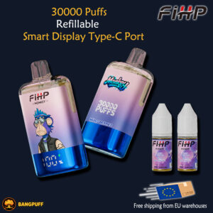 Promotional graphic for FIHJP vapes showing two refillable 30000-puff devices, e-liquid bottles, and free EU shipping text