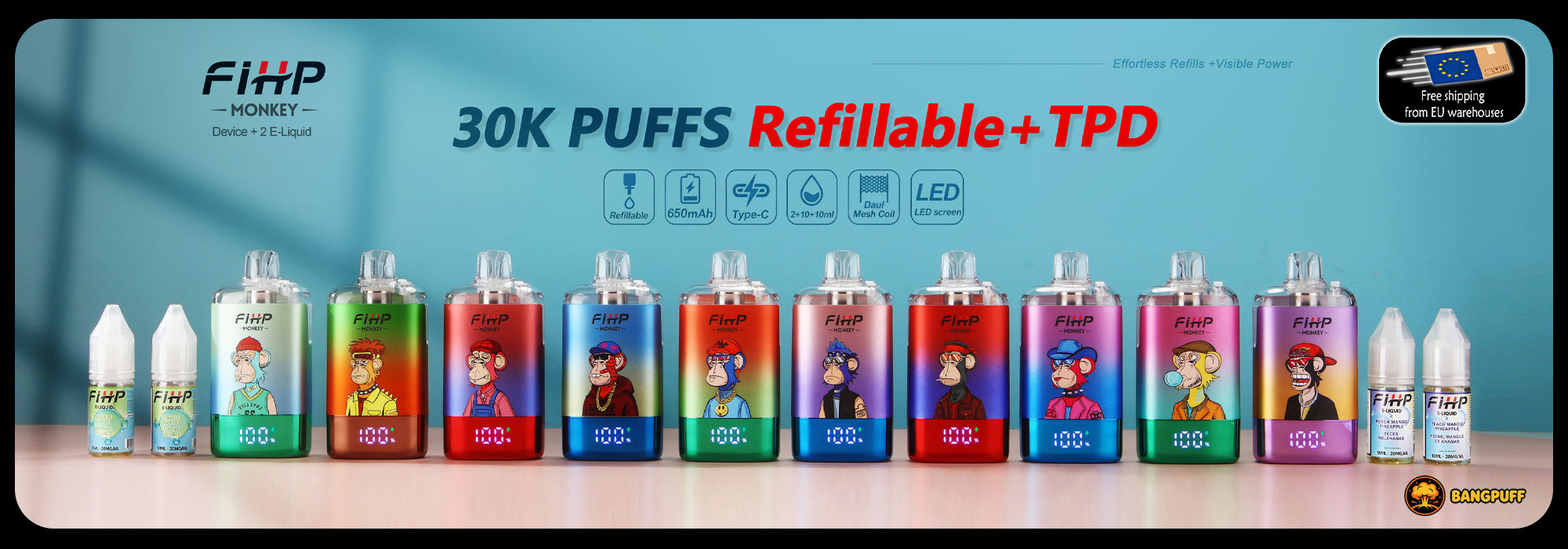 Promotional banner showing colorful FiHP Monkey refillable vape devices and e-liquid bottles with 30K puffs and LED screen features