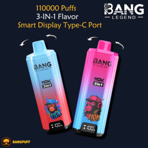 Promotional graphic of two Bang Legend vape devices with 110000 puffs, 3-in-1 flavor, smart display, and Type-C port