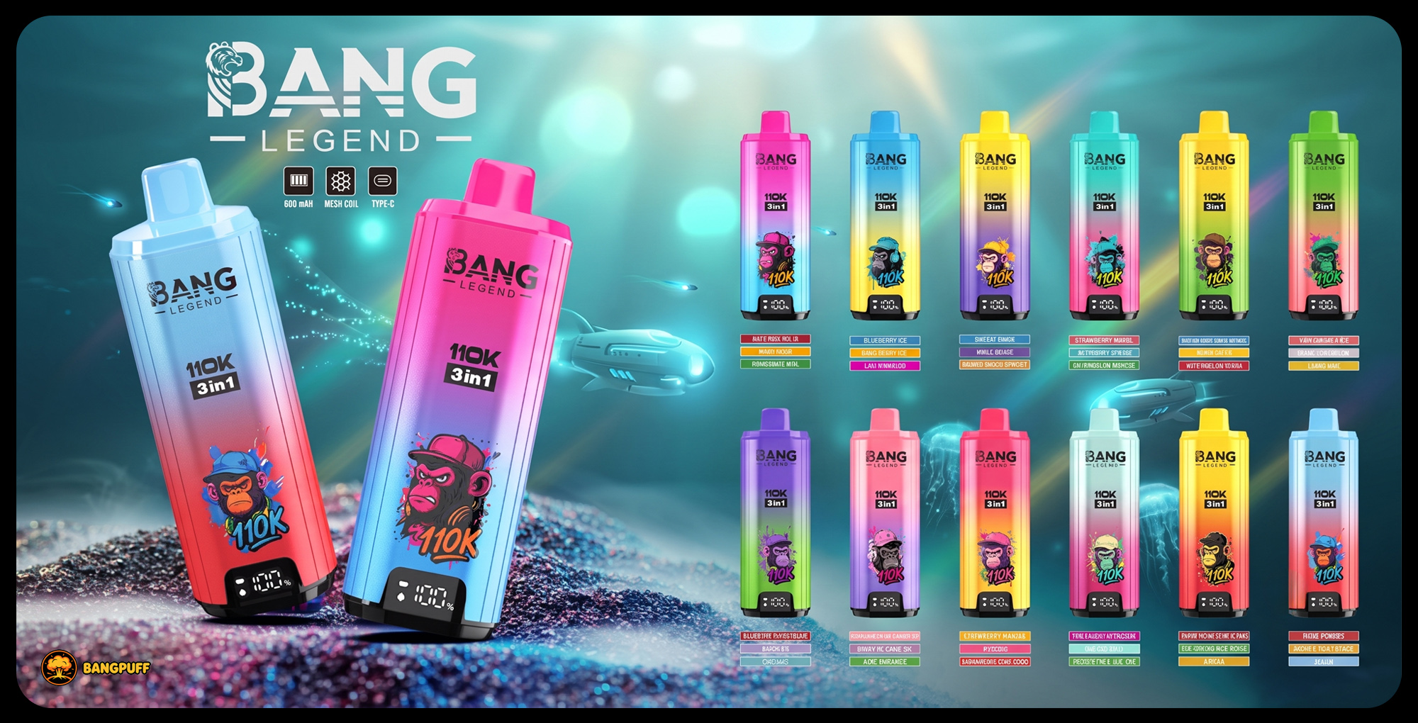 Colorful Bang Legend vape ad with two large devices on the left and many flavor variants on the right