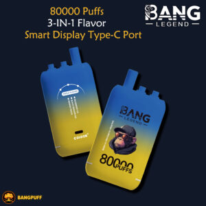 Promotional graphic showing two blue-to-yellow BANG LEGEND vape devices with 80000 puffs and flavor text
