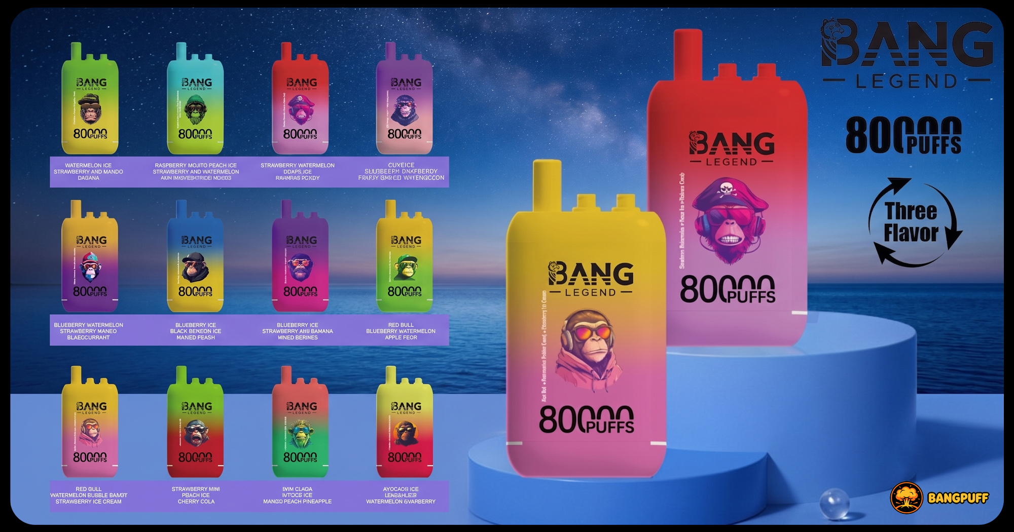 Colorful Bang Legend 8000 puffs vape ad with multiple flavored devices on a starry ocean backdrop