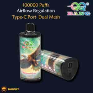 Promotional graphic of two QQ Bang vape devices with eagle artwork and text about 100000 puffs, airflow regulation, and Type-C port