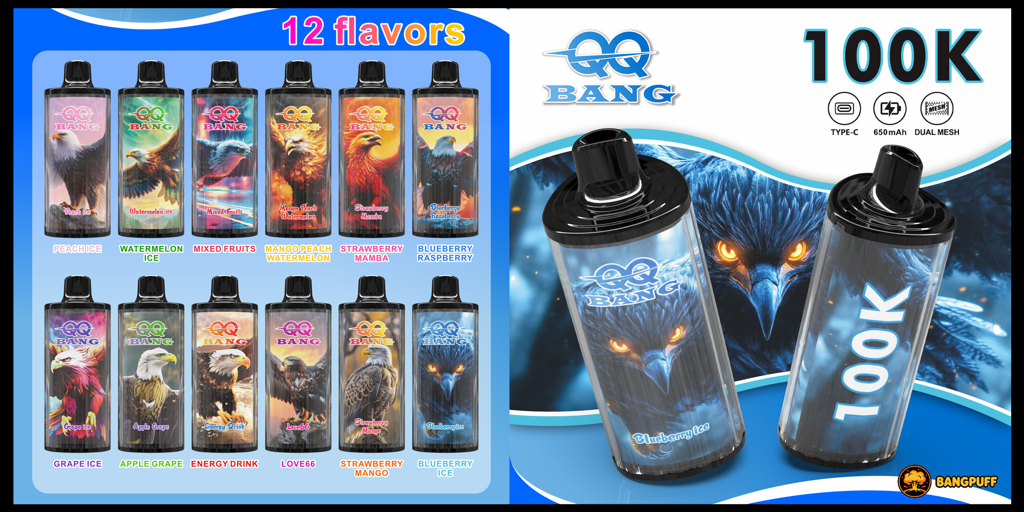 QQ Bang vape ad showing 12 flavors and two Blueberry Ice devices with a bird graphic, plus 100K and Type-C, 650mAh, dual mesh icons