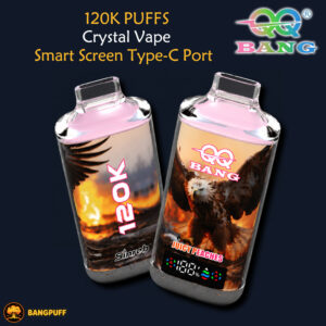 Ad for two colorful 120K puff Crystal Vape devices with display screens and Type-C charging port text