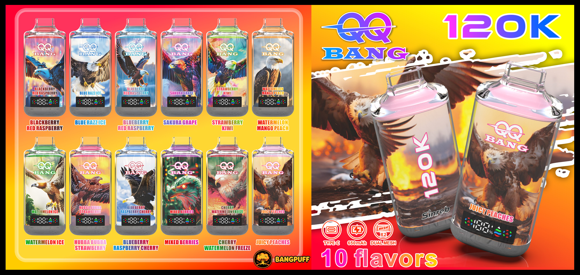 Colorful ad for QQ Bang vape devices showing 10 flavors, 120K, and two large e-cigarettes with eagle graphics