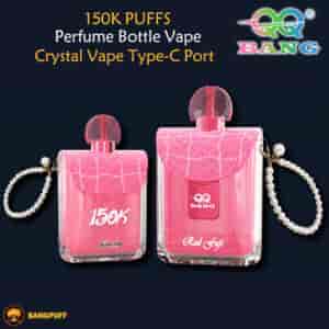 Promotional image of two pink perfume bottle vapes with pearl straps and product text on a dark background