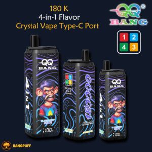 Promotional graphic of three QQ Bang 180K 4-in-1 flavor Type-C vape devices on a dark background with product labels and logo
