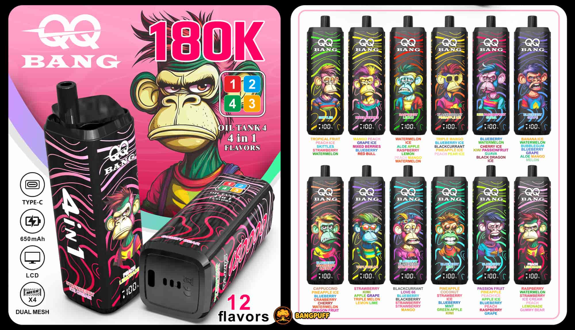 Promotional graphic for QQ Bang 180K vape devices showing colorful cartoon ape designs, features, and many flavor options
