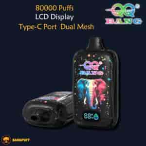 Promotional graphic for a QQ Bang vape device with elephant design, 80000 puffs, LCD display, and Type-C port