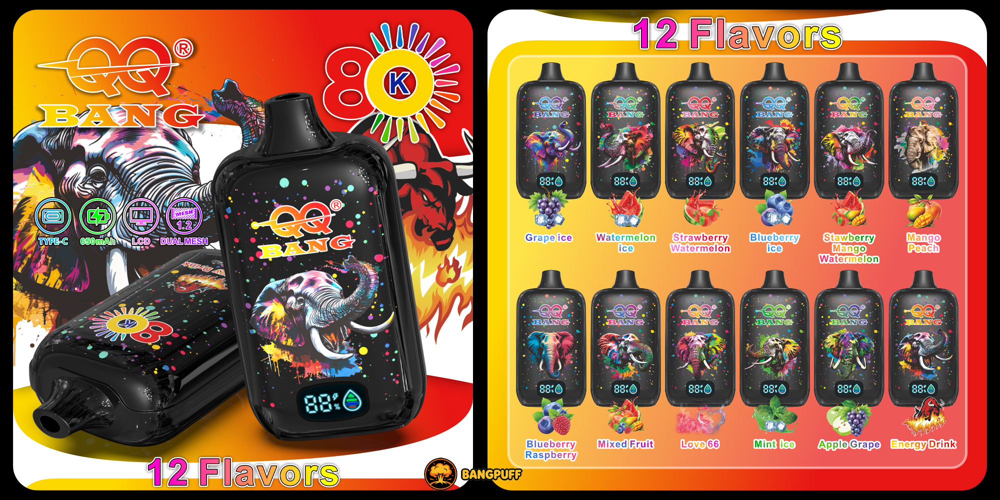 Promotional poster for QQ Bang vape devices with two black units and a 12-flavor lineup chart