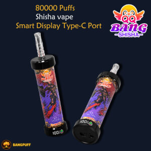 Promotional graphic for a Bang Shisha 80000-puff smart display Type-C shisha vape, showing two devices and branding