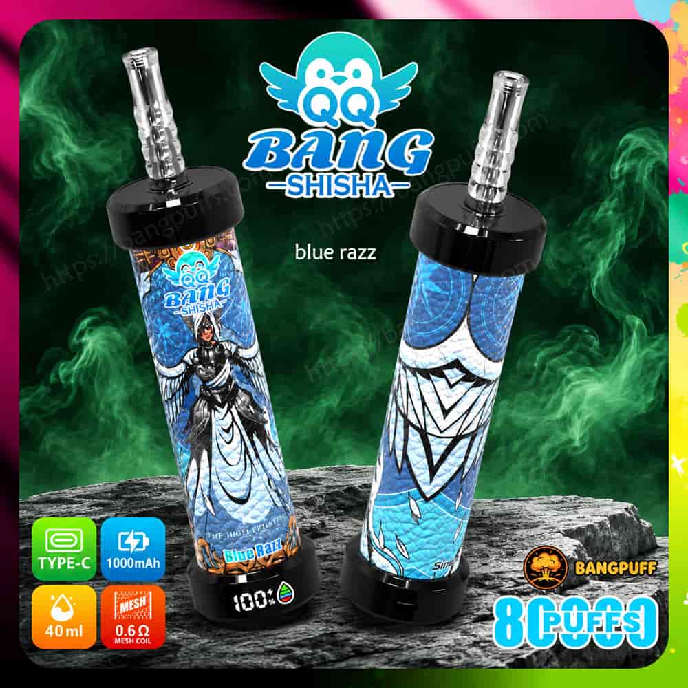 Promotional graphic showing two Bang Shisha Blue Razz disposable vapes with puff count and feature icons on a smoky green background