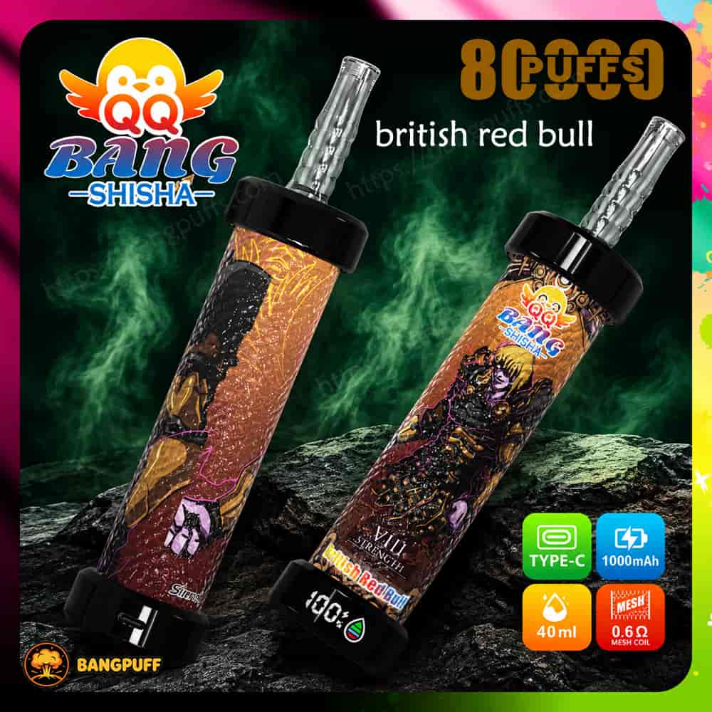 Promotional graphic for Bang Shisha British Red Bull disposable vape with two devices, smoke, and product specs