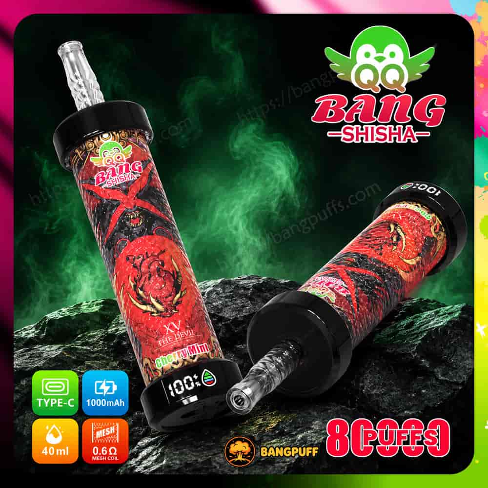 Promotional graphic for QQ Bang Shisha vape devices with red devil artwork, 8000 puffs, and feature icons on a dark smoky background