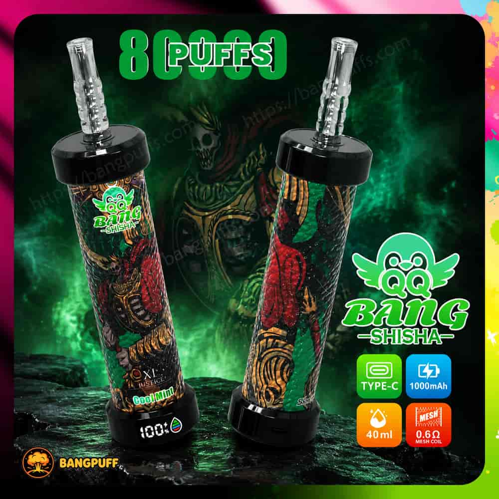 Promotional graphic of two colorful Bang Shisha vape devices with feature icons and the text 8 PUFFS