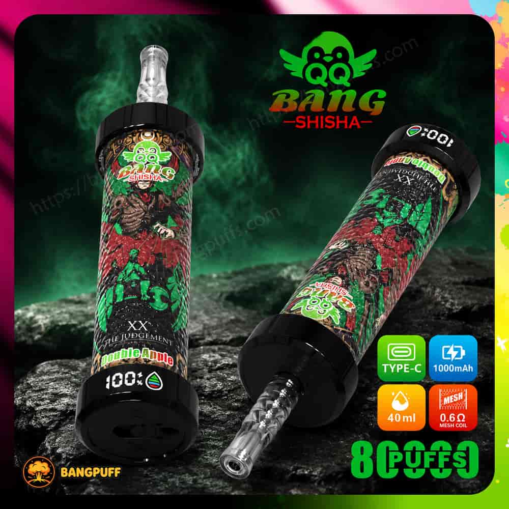 Promotional graphic of two Bang Shisha Bangpuff vape devices with flavor artwork and feature icons on a dark smoky background