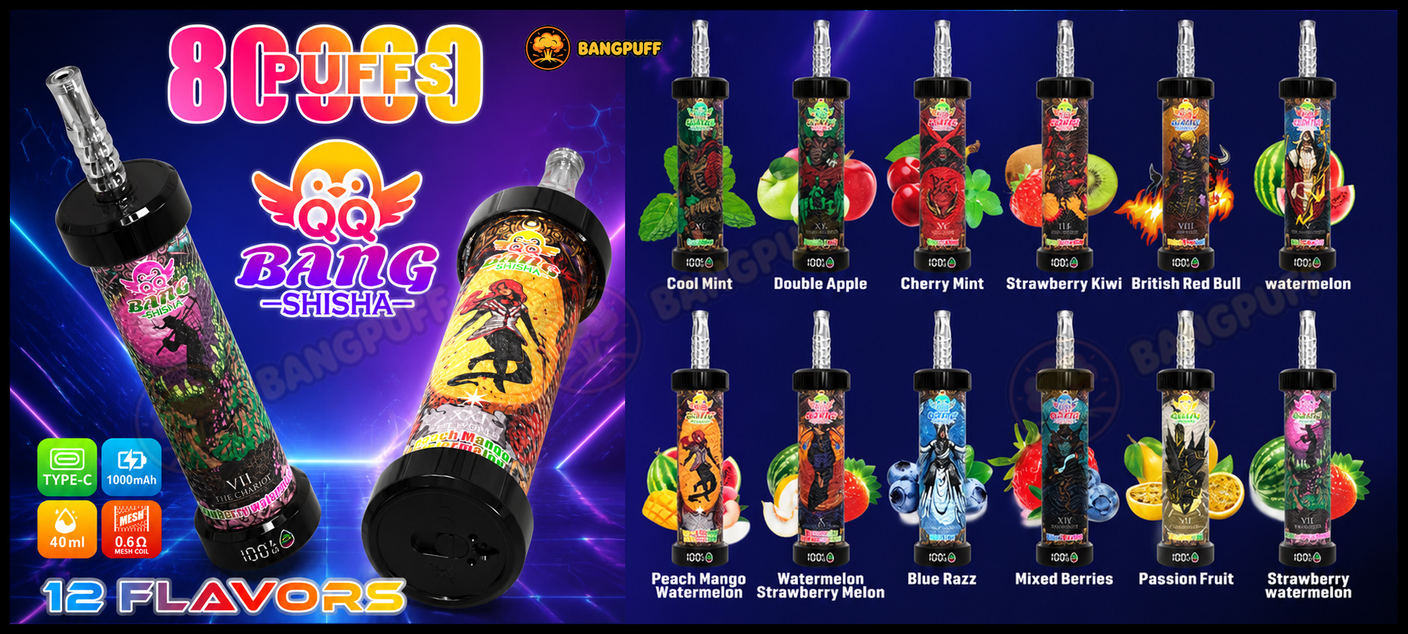 Bangpuff QQ Bang Shisha vape ad showing 8C Puffs, 12 flavors, and two large devices with flavor lineup