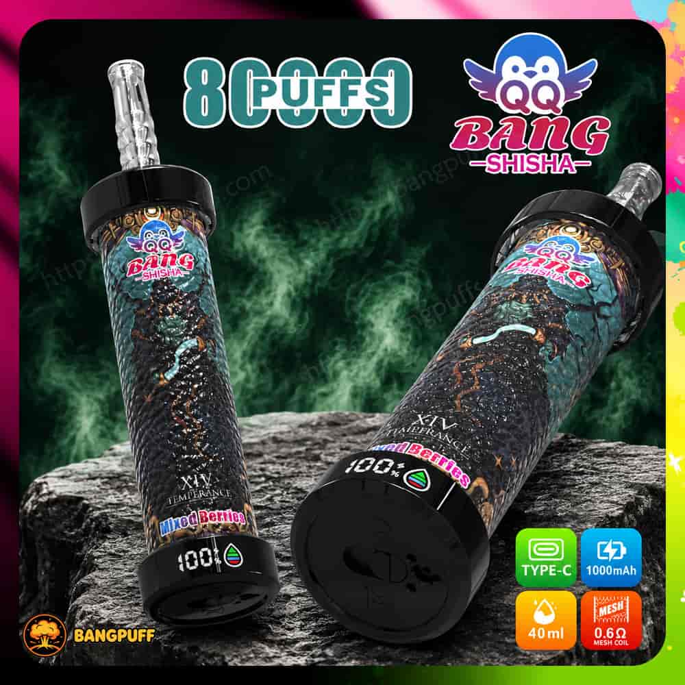 Advertisement for Bang Shisha vape devices with two patterned black units, smoke, and feature icons