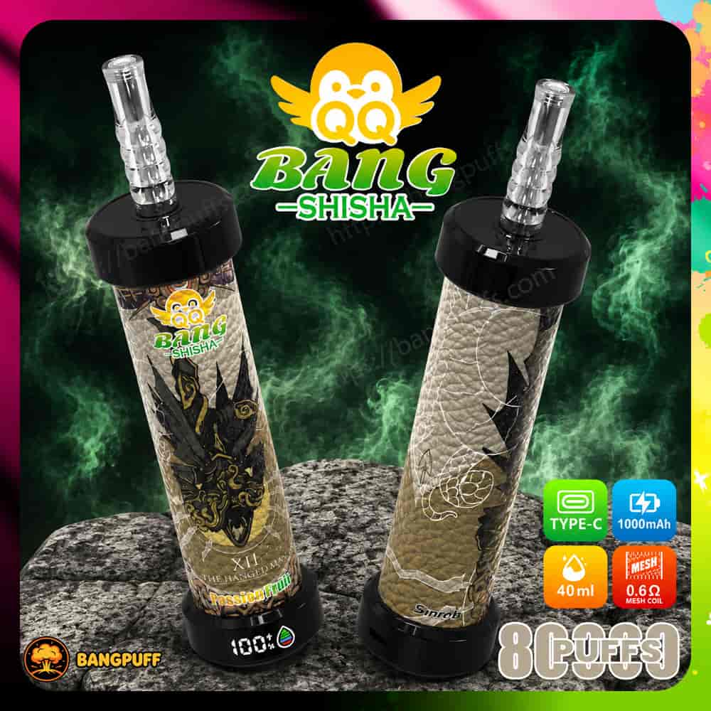 Bang Shisha vape ad showing two patterned devices with smoke, type-C, 1000mAh, 40ml, and 8000 puffs labels