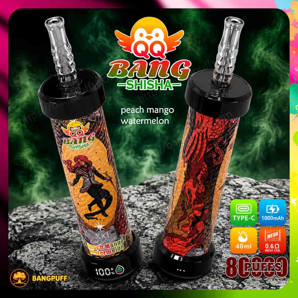 Promotional image of two Bang Shisha vape devices in peach mango watermelon flavor with specs and 8,000 puffs text