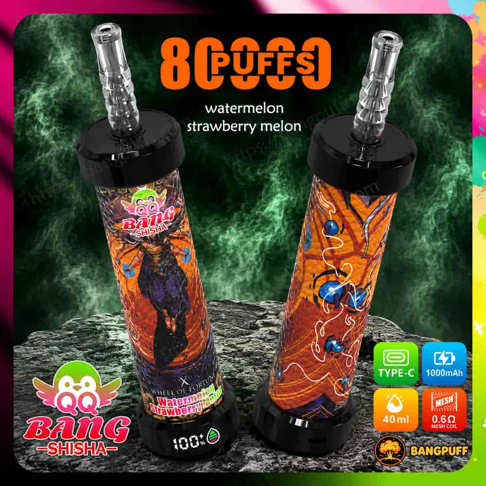 Ad for Bang Shisha 80,000 puffs watermelon strawberry melon vape devices with Type-C, 1000mAh, 40ml, and mesh coil icons