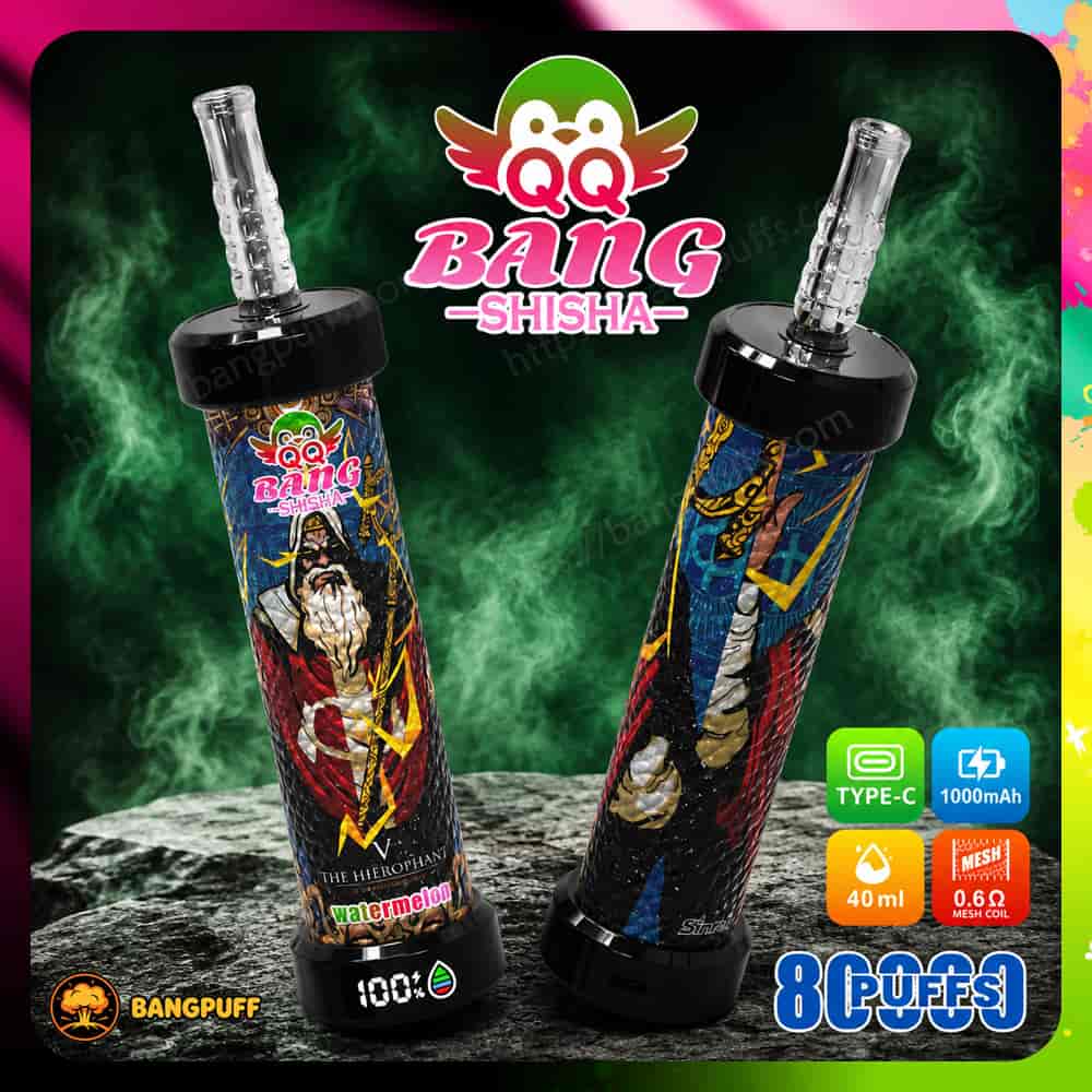 Promotional image of two colorful QQ Bang Shisha vape devices with smoke, feature icons, and 80,000 puffs text