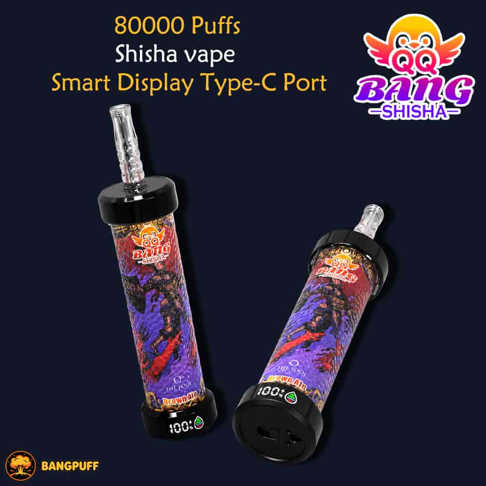 Promotional graphic for a Bang Shisha 80000-puff smart display Type-C shisha vape, showing two devices and branding