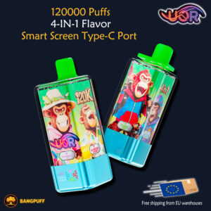 Promotional graphic showing two colorful UKR Bangpuff vape devices with text: 120000 Puffs, 4-IN-1 Flavor, Smart Screen Type-C Port, free EU shipping