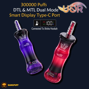 Promotional graphic for YOR dual-mode vape devices, showing purple and red devices with puff count and USB-C features