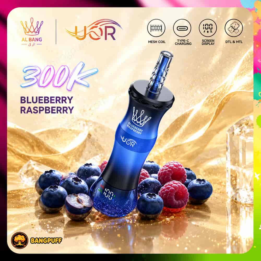 Blue vape device surrounded by blueberries and raspberries, labeled 300K Blueberry Raspberry with feature icons