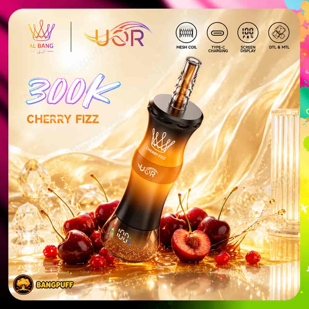 Promotional image of a cherry-fizz vape device with cherries, labeled 300K and showing mesh coil, Type-C charging, screen, and DTL/MTL features