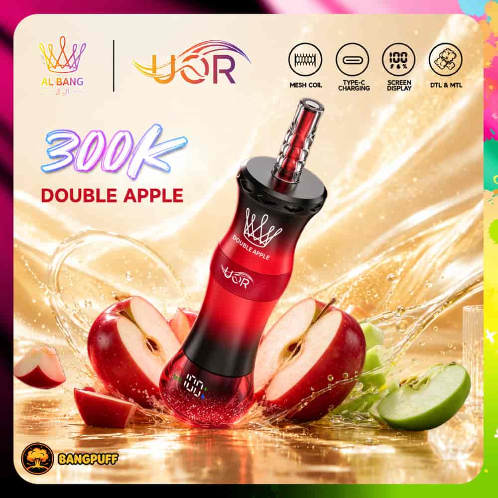 Promotional graphic of a red vape device with apple slices, labeled 300K DOUBLE APPLE and feature icons at top