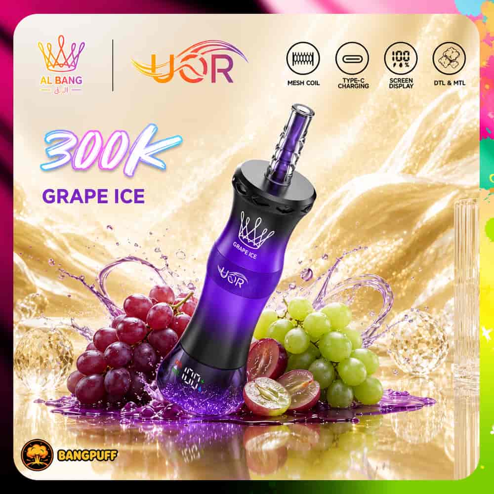 Promotional graphic of a purple vape labeled Grape Ice with grapes and 300K capacity icons
