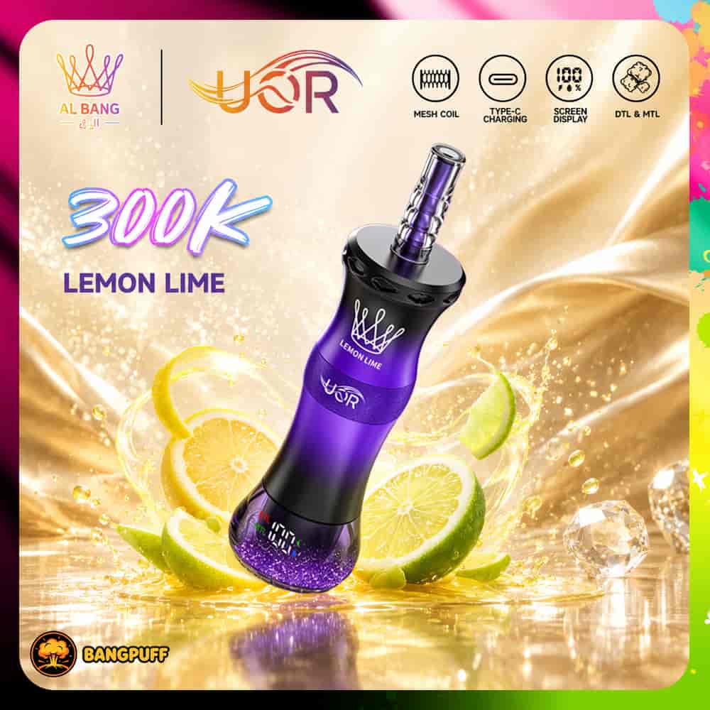 Promotional graphic of a purple lemon-lime vape device with lime slices, showing 300K and feature icons