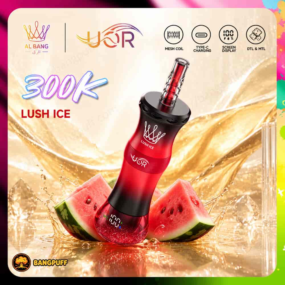 Promotional image of a red BangPuff Lush Ice vape with watermelon slices, showing 300K puffs and product features