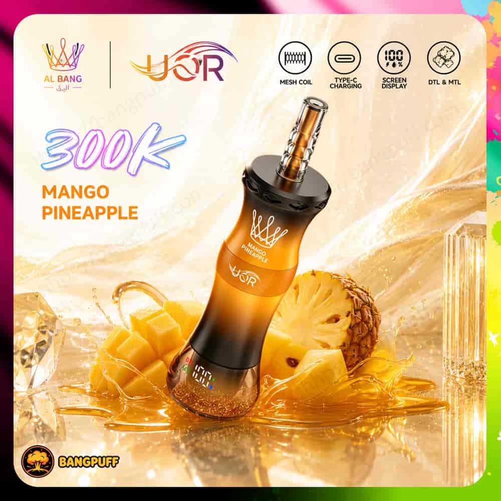 Promotional image of a mango pineapple vape device surrounded by fruit and gold liquid, with feature icons and 300K text