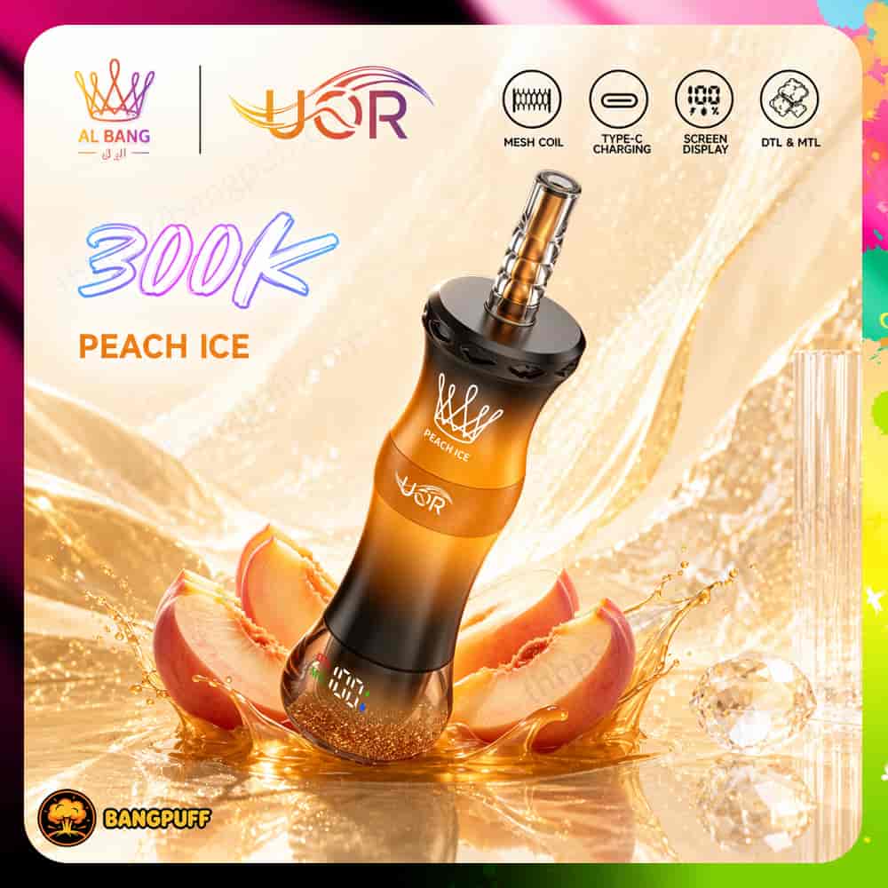 Promotional image of a Bangpuff JBR peach ice vape with peach slices, 300K text, and feature icons for mesh coil, Type-C charging, and screen display