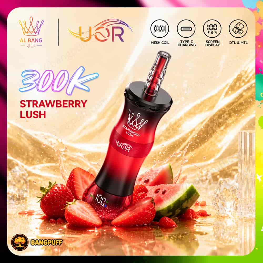 Promotional image of a red strawberry-flavored vape device with strawberries, watermelon, and splash effects, labeled 300K Strawberry Lush