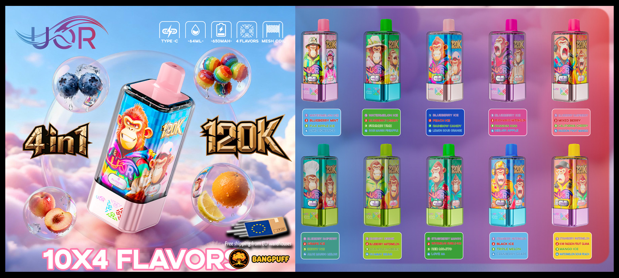 Colorful vape ad showing a 120K device with 10x4 flavors and multiple flavor variants on a pastel sky background
