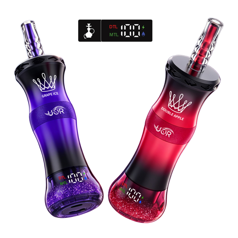 Two colorful hookah-style vape devices, one purple Grape Ice and one red Double Apple, with 100 display screens