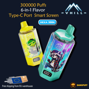 Promotional graphic for V-Hill Hexa 300K vape devices, showing two colorful devices with smart screens and flavor labels
