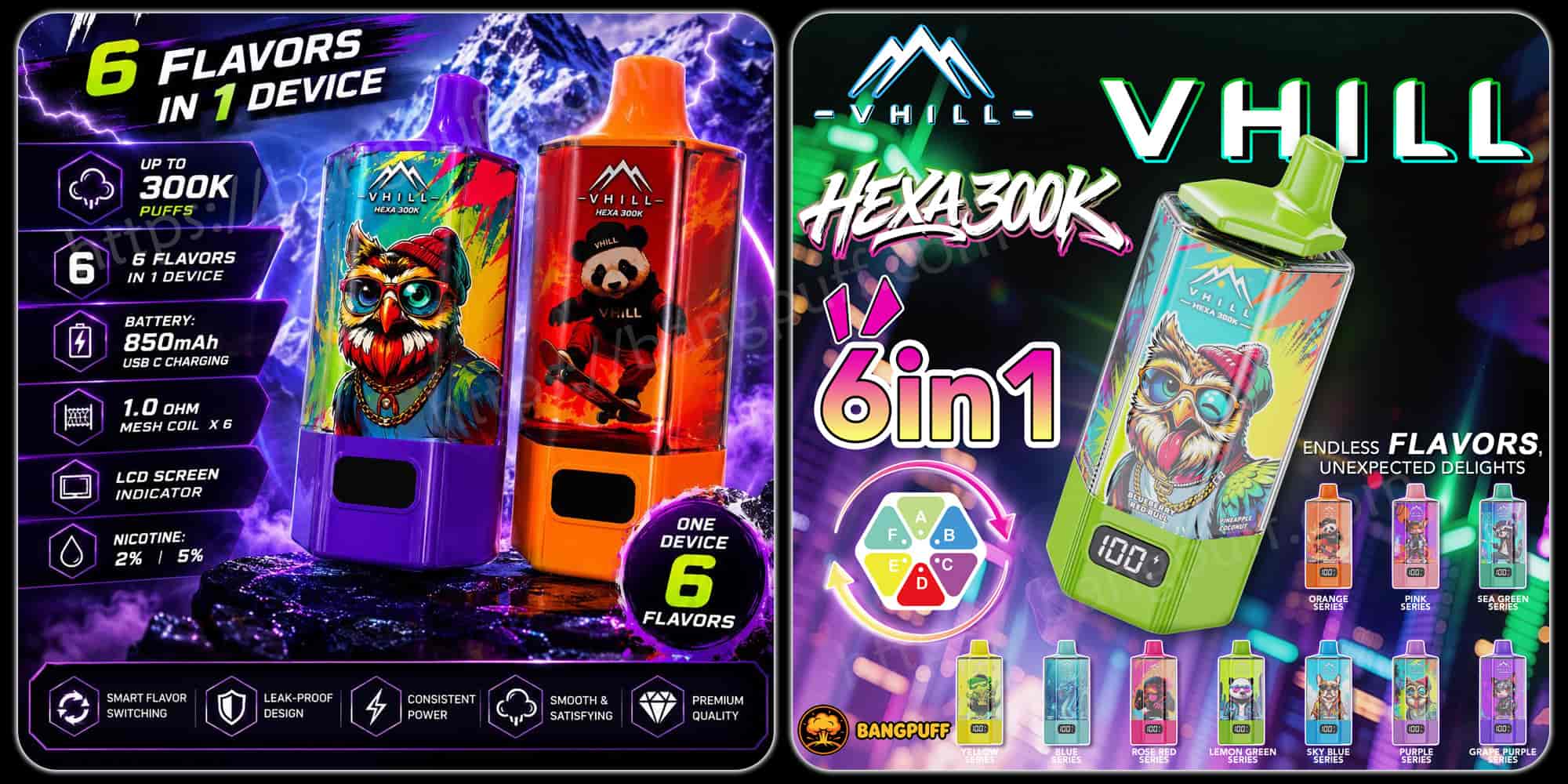 Colorful vape ads showing VHILL and BangPuff devices with flavor options, puff counts, and product features