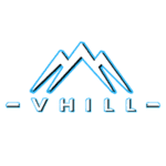 Stylized blue mountain logo above the word V H I L L with a city skyline silhouette