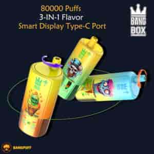 Three colorful cylindrical Bang Box disposable vapes with skull graphics and smart-display labels showing 80000 Puffs