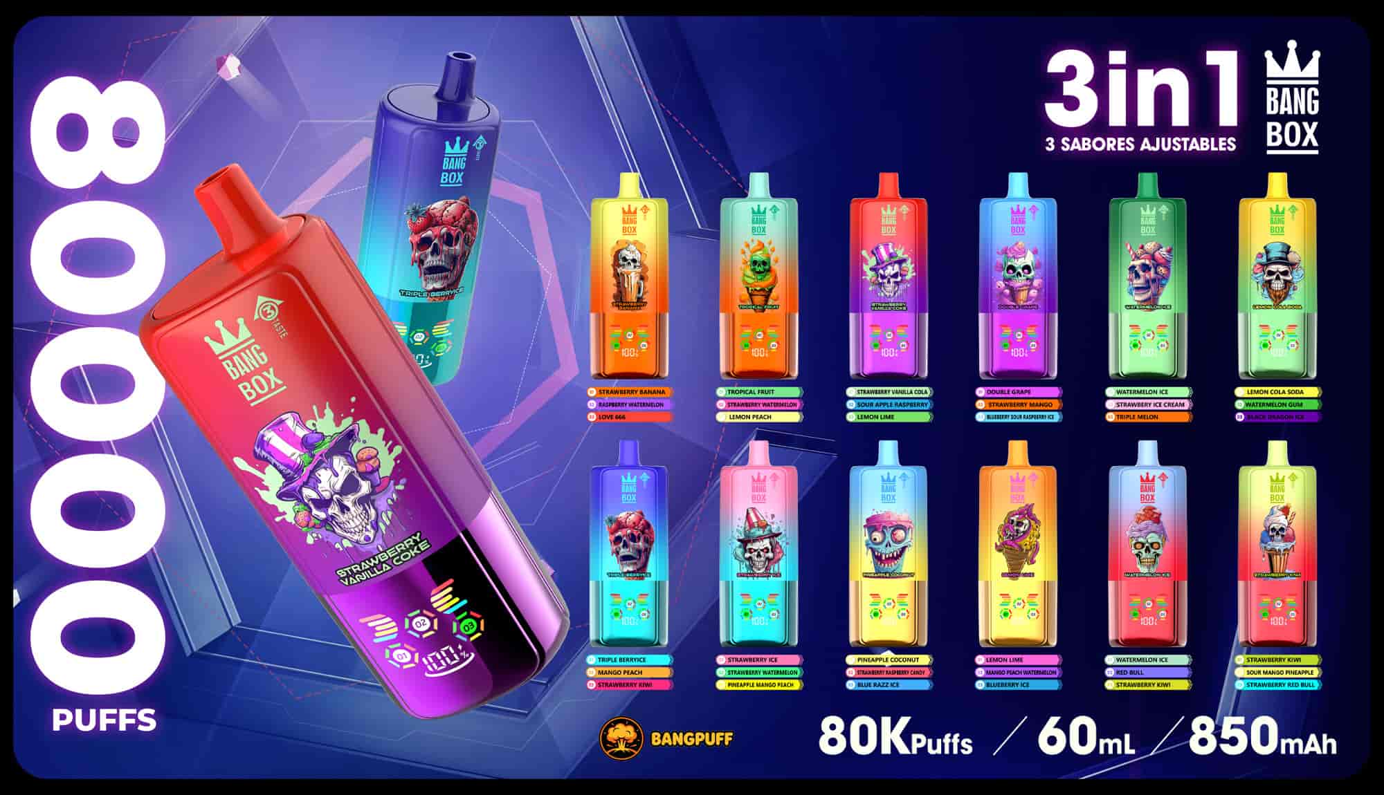 Bang Box 3-in-1 vape ad with large purple-red device featuring skull art, flavor grid, 80,000 puffs, 60 mL, 850 mAh