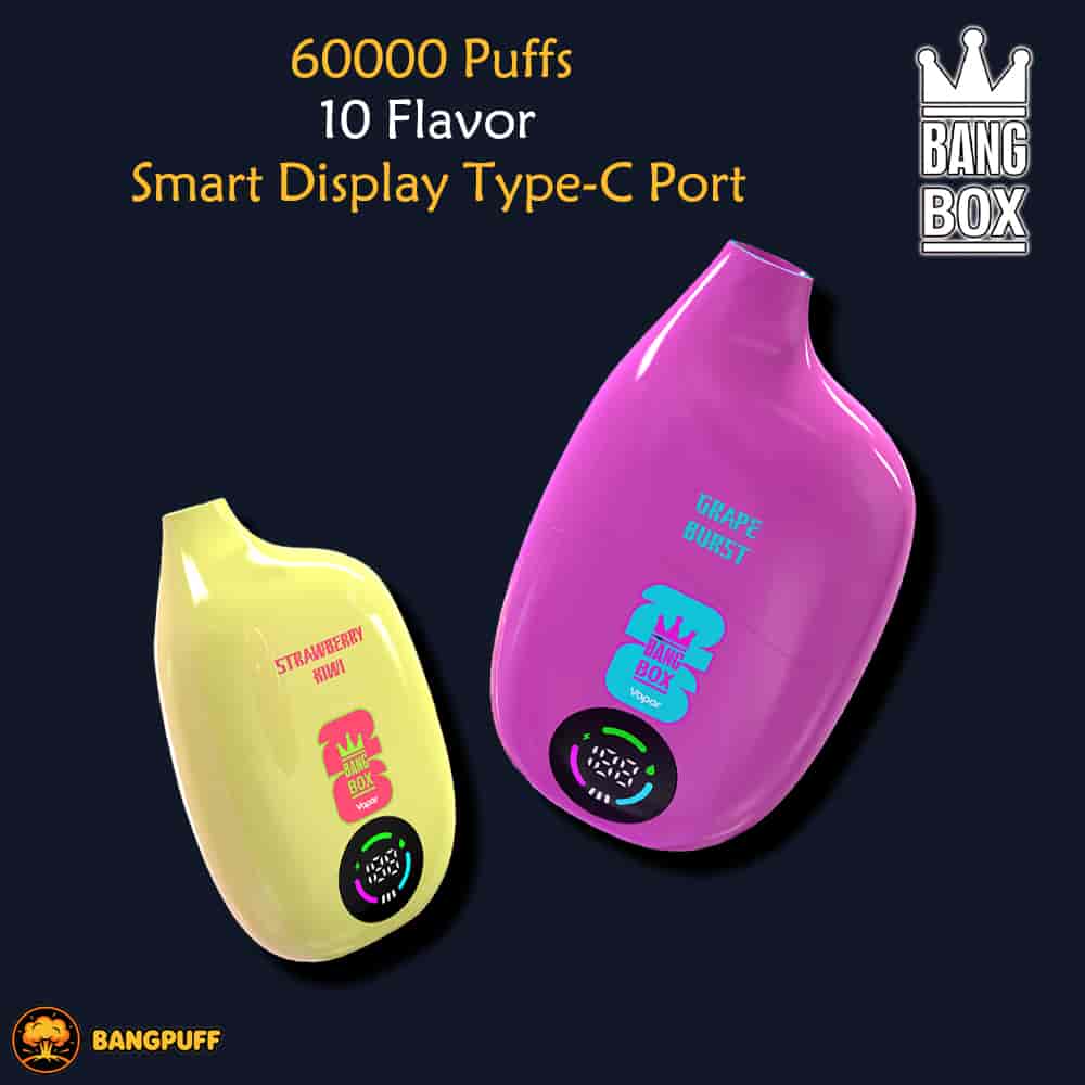 Two Bang Box vape devices in yellow and purple featuring smart displays, 60,000 puffs, and Type-C charging